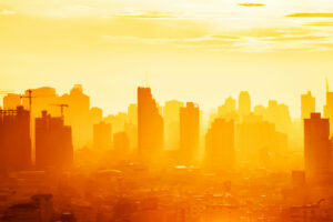 Dawn over the business district in a city